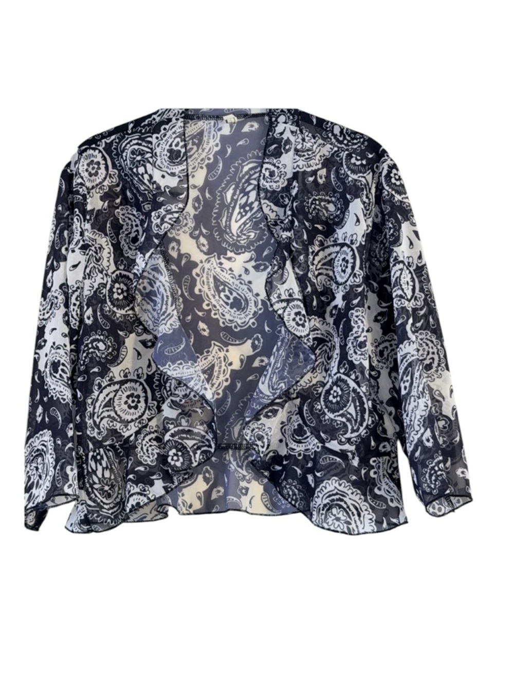 Paisley Sheer Ruffled Open-Front Bolero Black & White Chiffon Size M